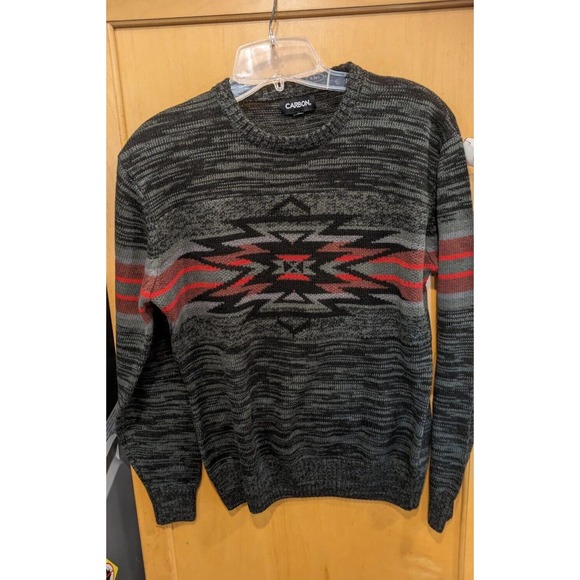Carbon Sweater Mens Small Gray Aztec Crew Neck‎ Long Sleeve Shawl Collar Knit - Picture 1 of 4